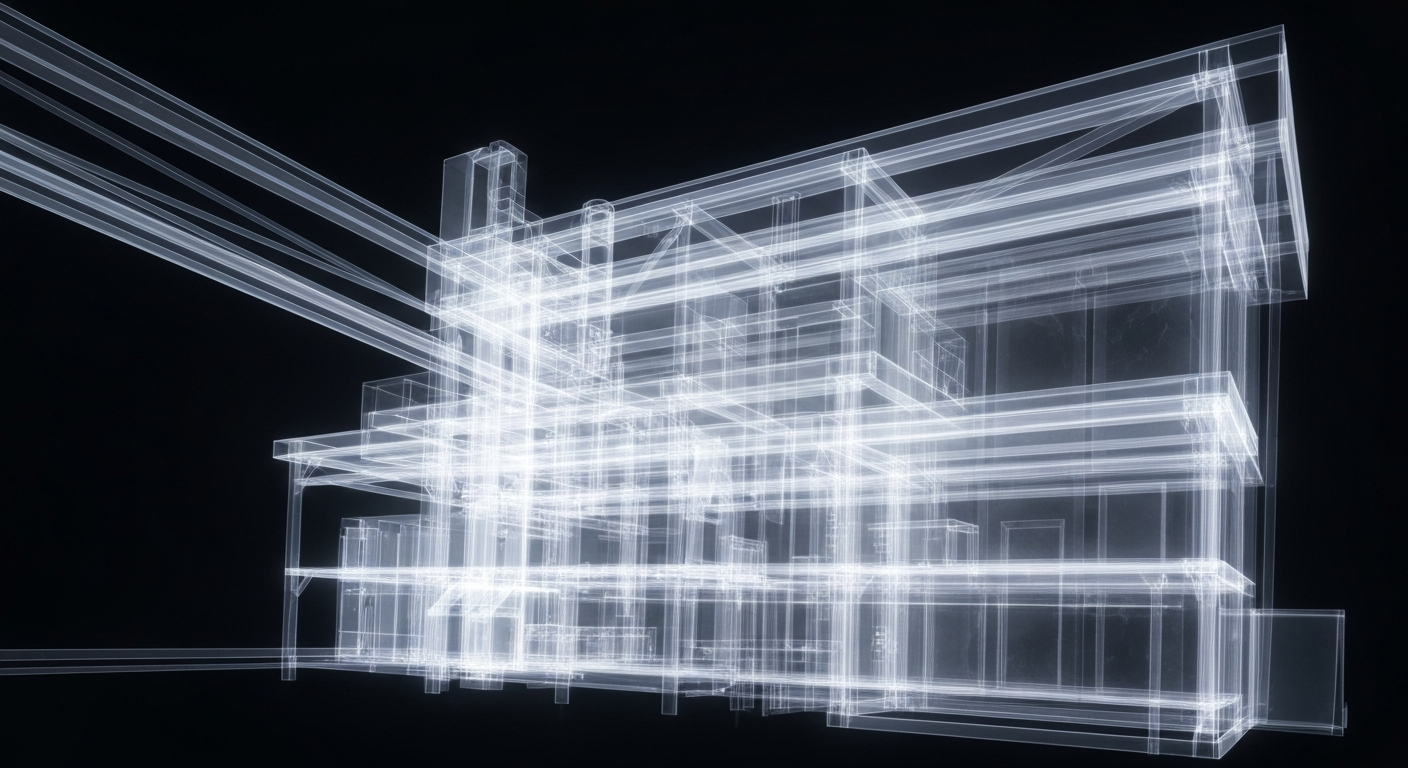 An abstract, translucent X-ray image revealing the internal structure and equipment of a modern emergency room facility, conveying the advanced medical capabilities of the new Ascension Sacred Heart freestanding ER in Pace.