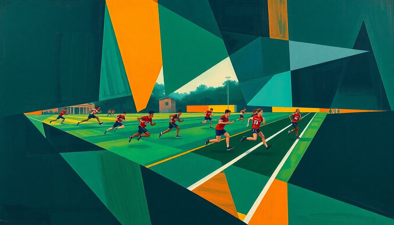 A cubist, geometric painting depicting the dynamic motion and competition of a high school track and field event, with overlapping planes of color and form representing the energy and intensity of the sport.