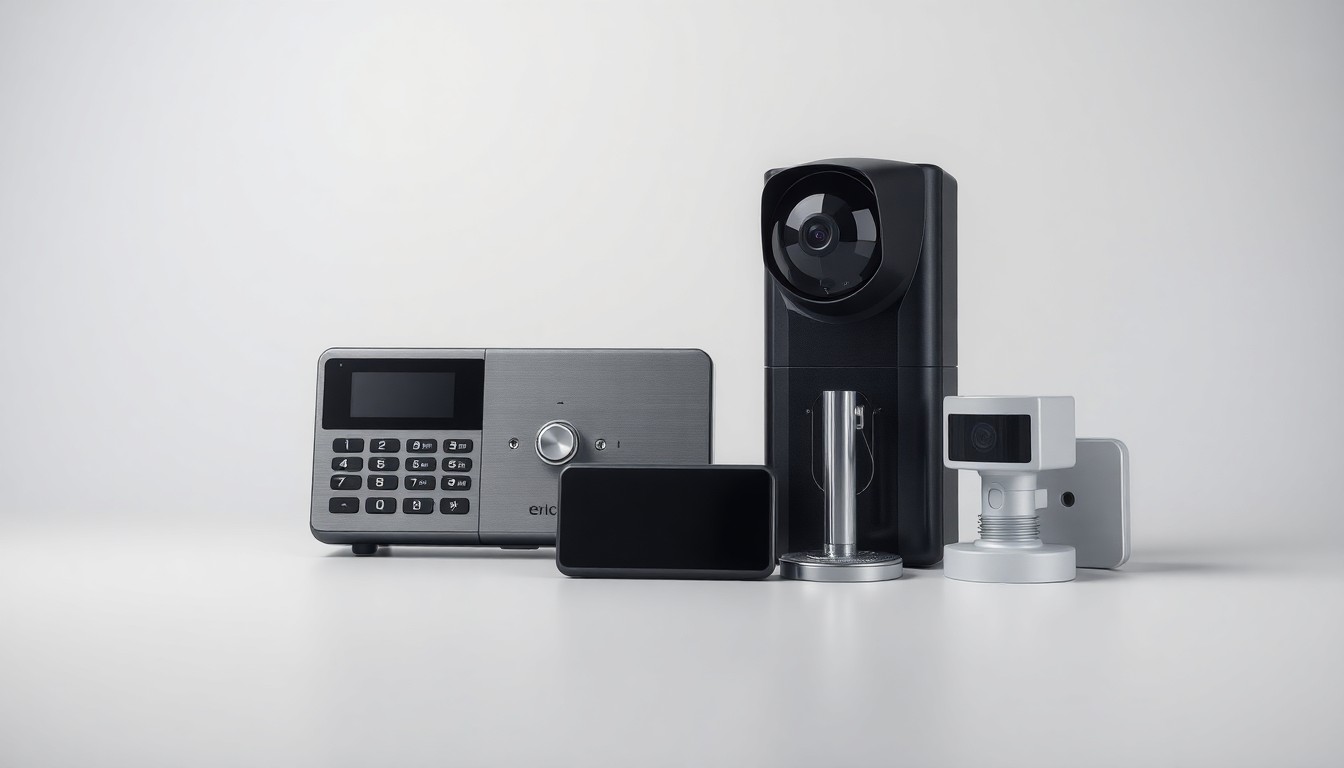 A minimalist, high-end studio photograph featuring a sleek, modern home security system with a keypad, camera, and motion sensor, all arranged elegantly on a clean, monochromatic background, conceptually representing the growing need for enhanced executive protection.