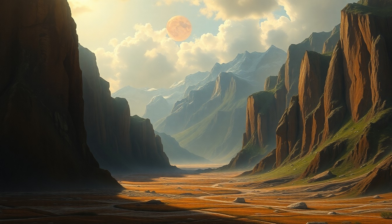 A sweeping, atmospheric landscape painting in muted tones of ochre, sienna, and indigo, depicting a vast, desolate expanse of parched earth and hazy, sun-drenched skies, with only a few distant, indistinct structures barely visible on the horizon, conveying a sense of the overwhelming, sublime power of nature.