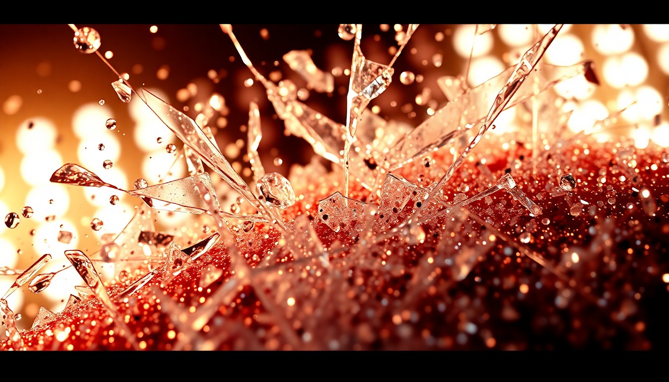 An abstract close-up image featuring shattered glass and glittering sequins, captured in dramatic, high-contrast lighting to evoke the glamour and spectacle of the upcoming 'Spider-Man' film.