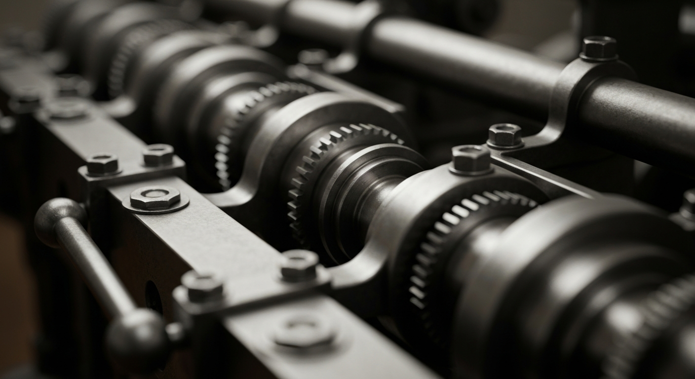 An extreme close-up of gleaming, intricate banking machinery and components, conceptually representing the complex financial disclosures required of Federal Reserve leadership candidates.
