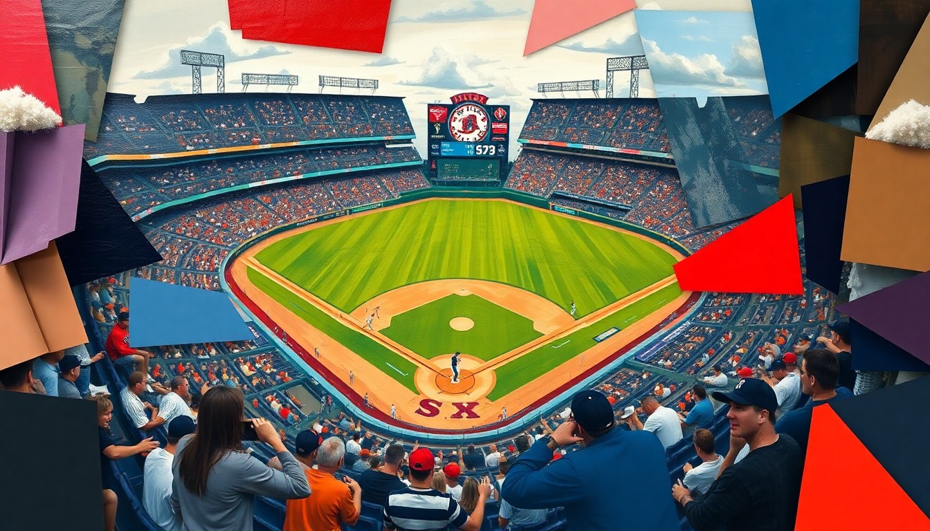 A fragmented, geometric painting depicting a baseball game, with overlapping shapes and planes representing the action on the field.