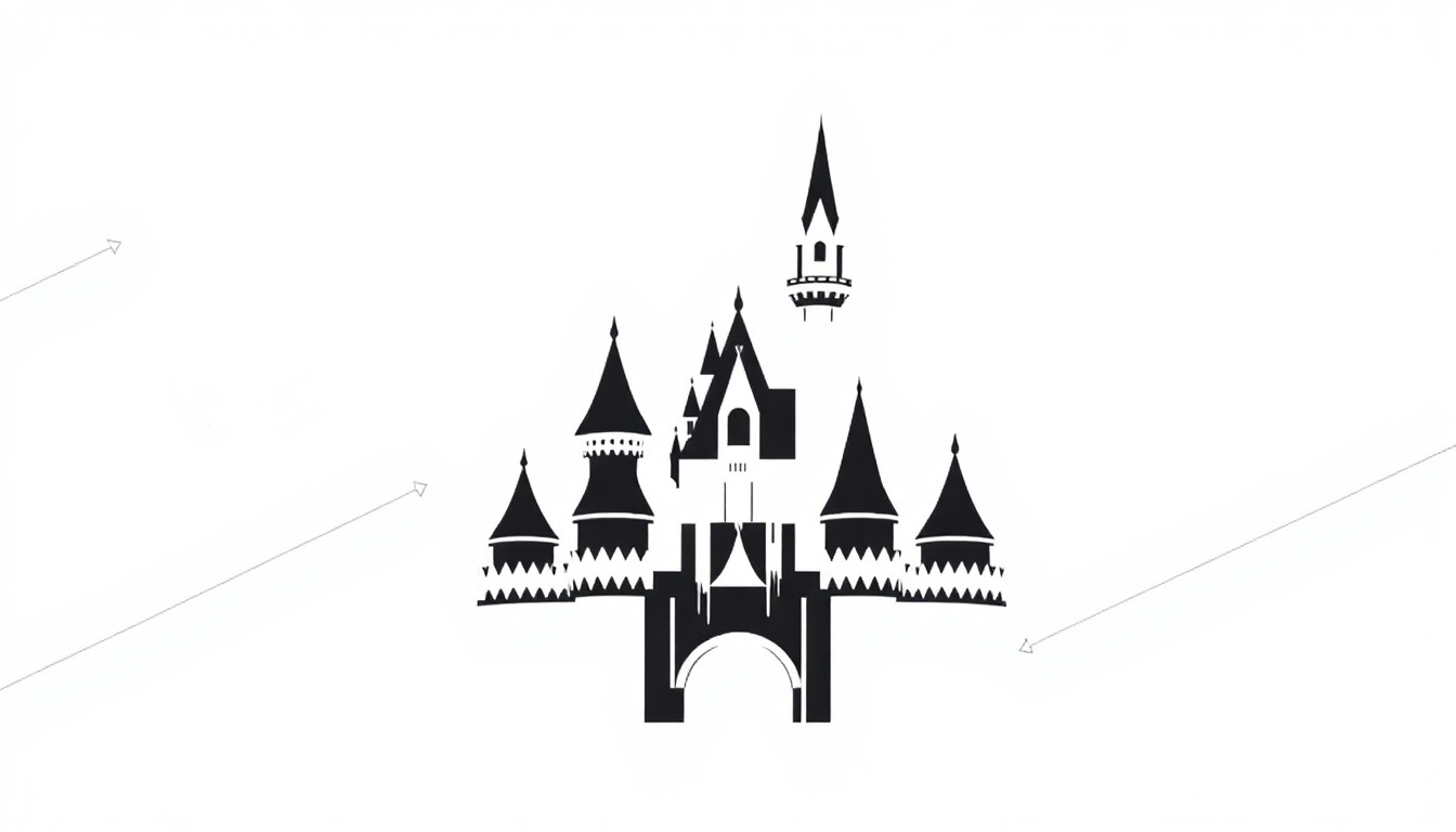An abstract, minimalist illustration composed of bold, jagged black shapes against a stark white background, conceptually representing the magical, immersive experience of a Disney theme park.