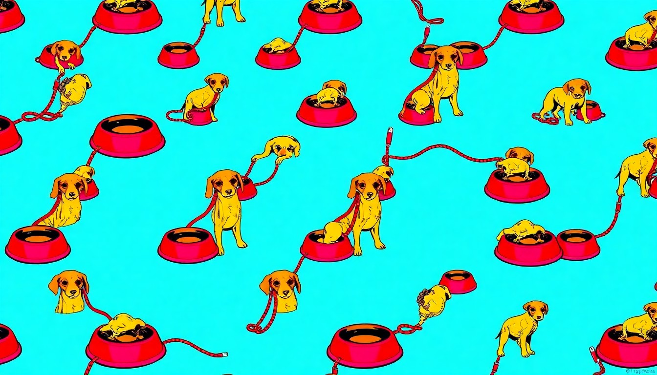 A bold, colorful silkscreen print featuring a repeating pattern of a dog bowl and leash, conceptually representing the strong connection between a homeless man and his loyal canine companion.