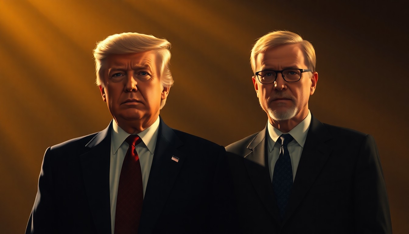 A photorealistic oil painting depicting two men standing side-by-side, one noticeably shorter than the other, in a warm, shadowy setting that evokes a sense of political tension and scrutiny.