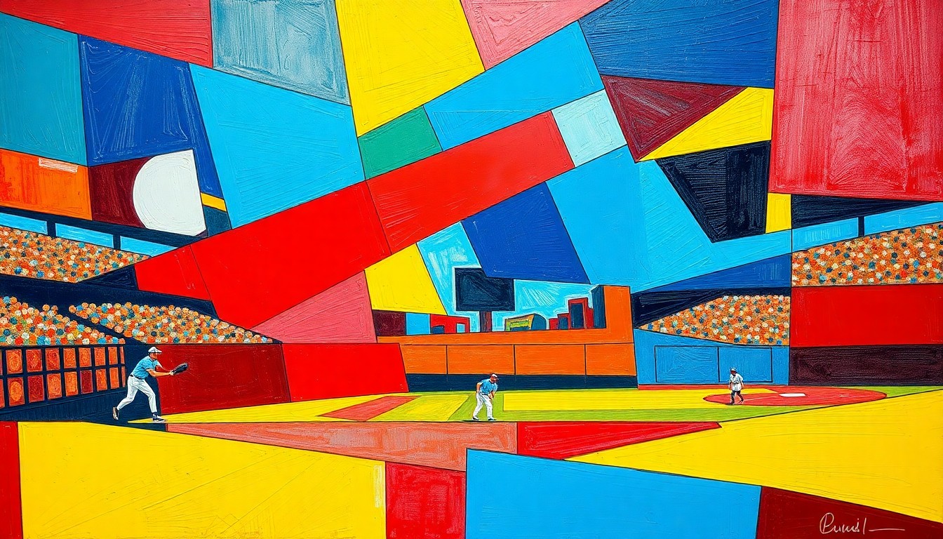 A fragmented, geometric painting in bold primary colors depicting the dynamic action of a softball game, with players and the field broken down into overlapping angular shapes.