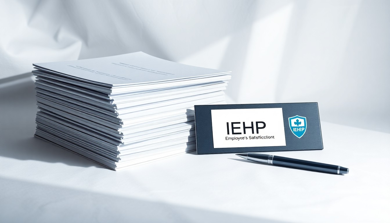 A photorealistic studio still-life image featuring a stack of medical files, a pen, and a nameplate with the IEHP logo, all arranged elegantly on a clean, white background and dramatically lit to convey a sense of professionalism and excellence.