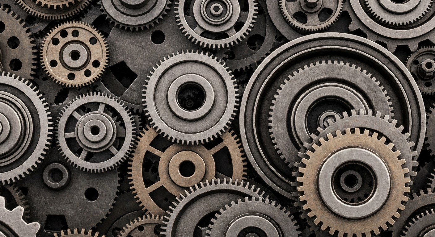 An extreme close-up of intricate, heavy industrial gears and cogs in shades of steel, bronze, and black, conceptually representing the complex financial infrastructure behind online job marketplace platforms.