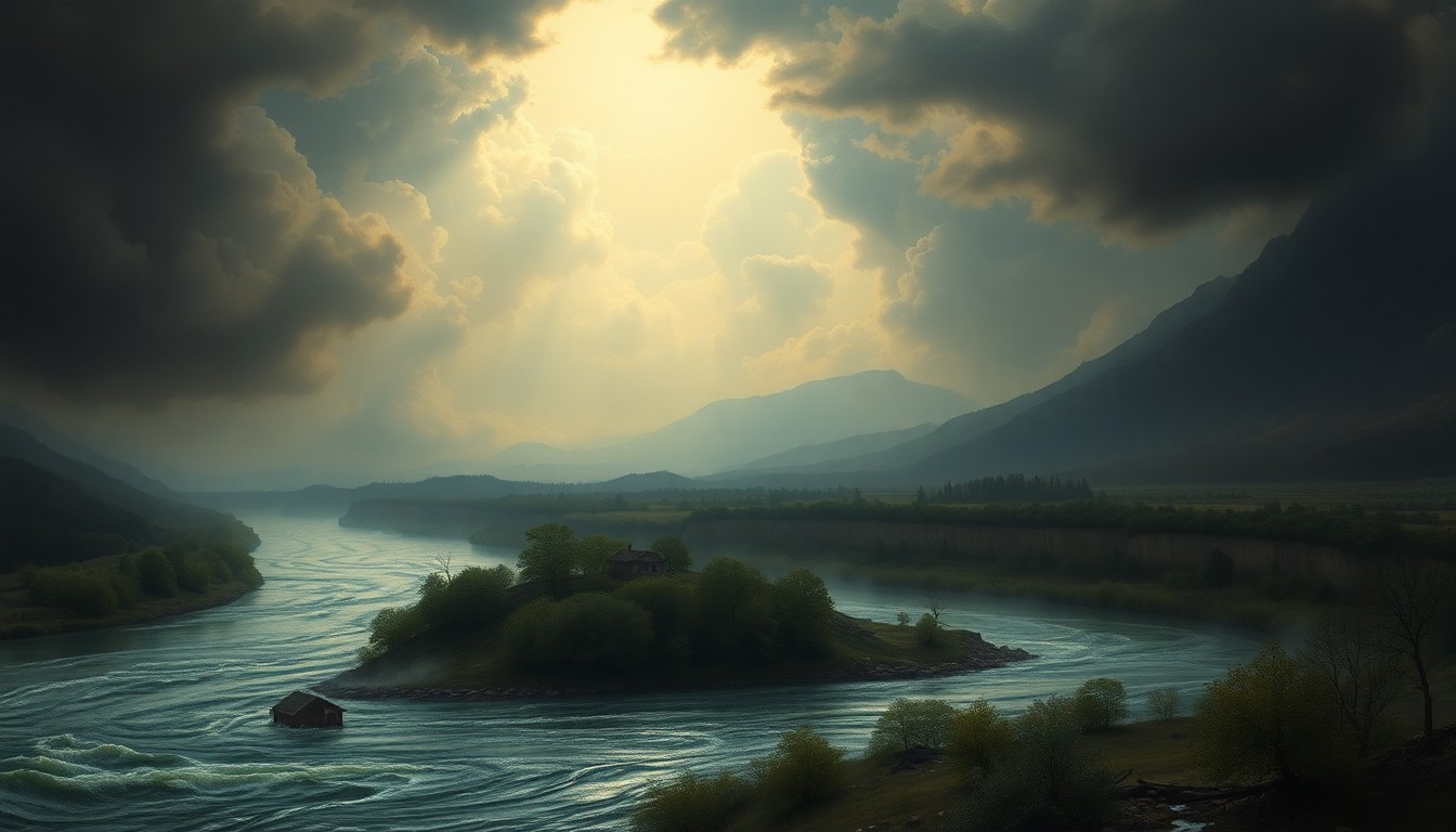 A vast, atmospheric landscape painting depicting the Guadalupe River swollen with floodwaters, the surrounding terrain and sky rendered in dramatic, moody brushstrokes that dwarf any physical structures or human figures caught in the scene, conveying the sublime scale and destructive force of the natural disaster.