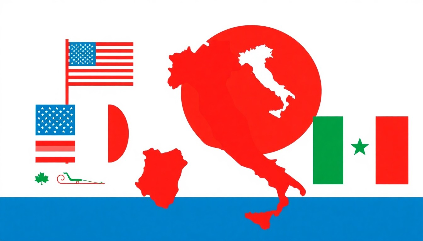 A minimalist abstract illustration using bold geometric shapes and primary colors to conceptually represent the fragility of Italy's exports to the U.S. market and the need for economic diversification.