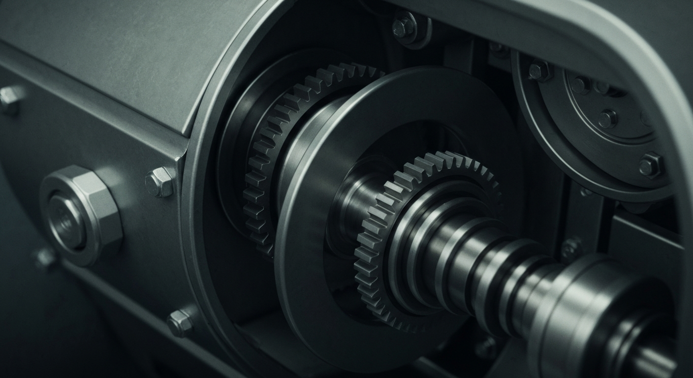 An extreme close-up of the intricate, heavy machinery inside an industrial food processing plant, conveying the complex operational and financial challenges facing the Campbell's brand.