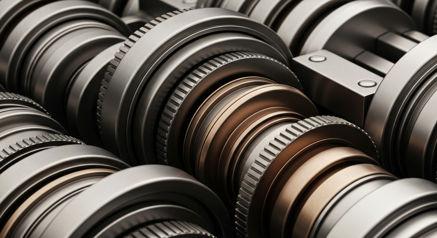 An extreme close-up of intricately engineered banking equipment and mechanisms, rendered in a high-contrast, industrial style that conveys the secure, powerful foundations of the financial sector.