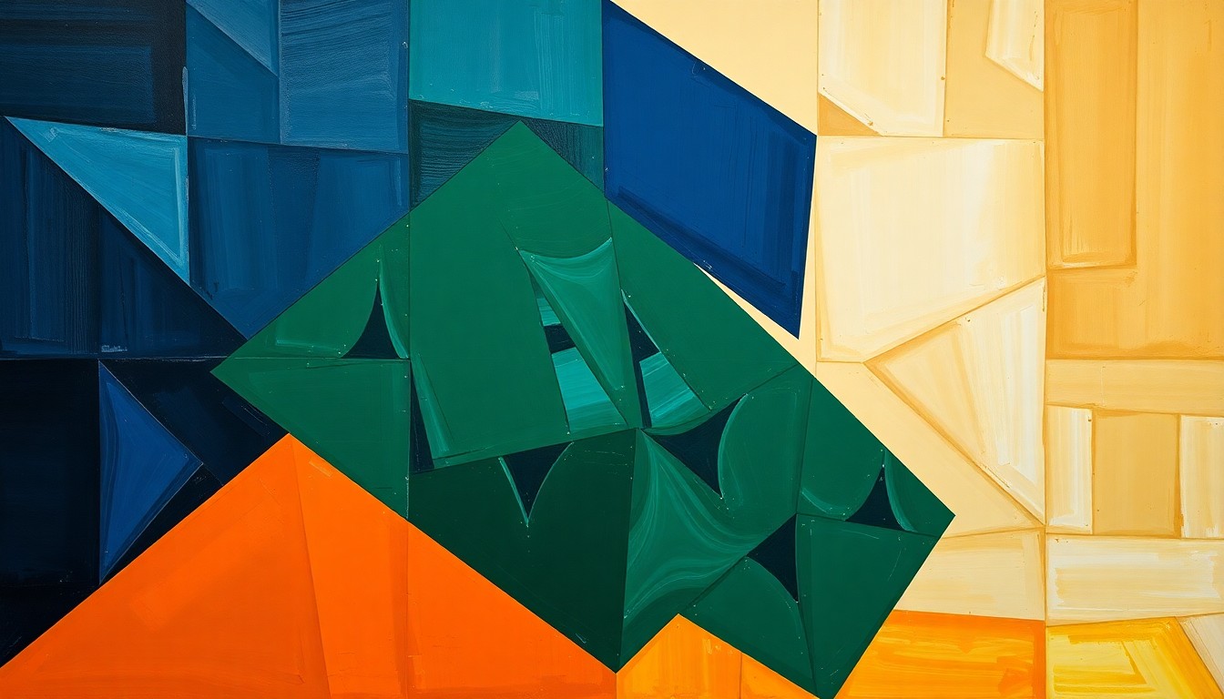A fragmented, geometric painting in navy, green, and orange hues, depicting a basketball game or match broken down into sharp, overlapping planes, conveying the intricate decisions facing the Pelicans organization.