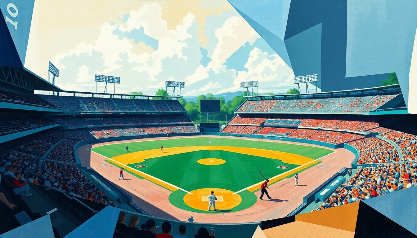 A fragmented, geometric painting in the style of Pablo Picasso, depicting the action and intensity of a high school baseball game through abstract shapes and planes of color, without any recognizable figures or text.