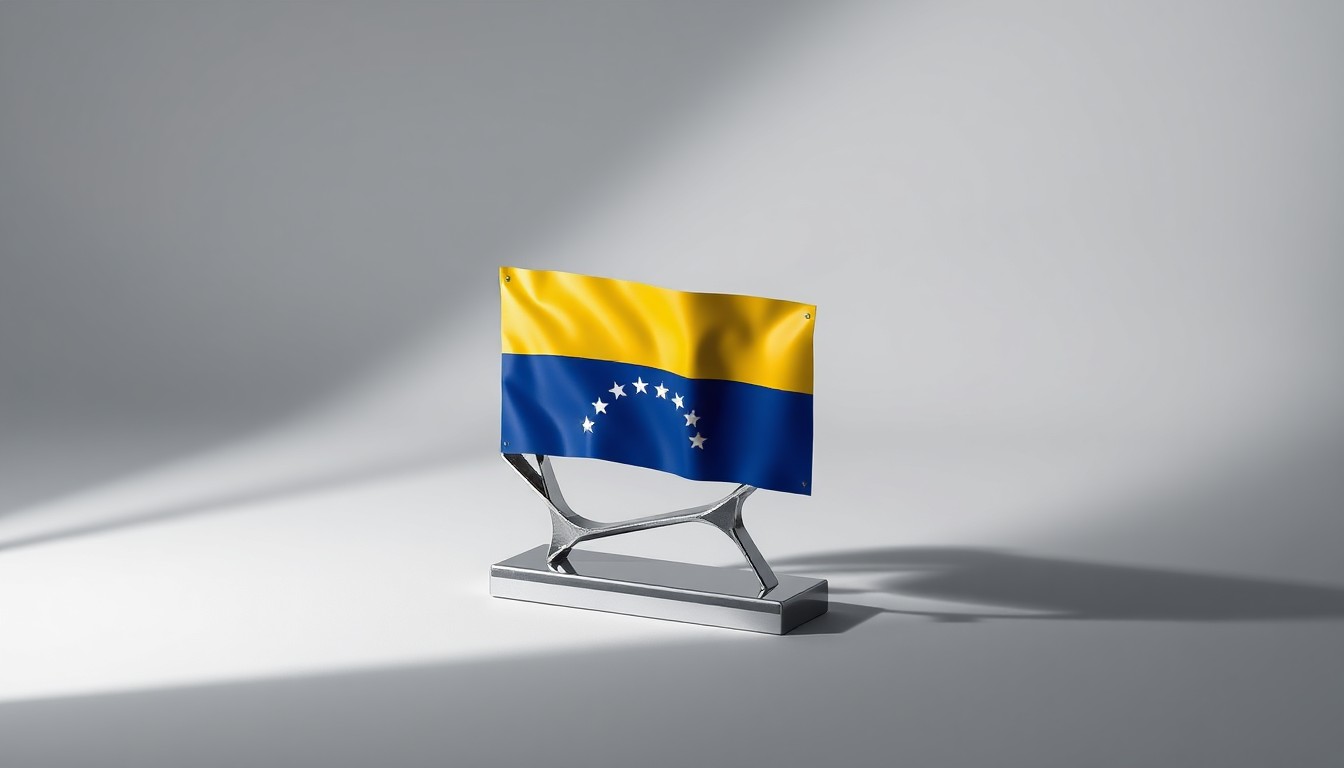 A highly reflective, geometric metal sculpture in the shape of the Venezuelan flag, resting on a clean, monochromatic background and dramatically lit to create sharp shadows, symbolizing the complex corporate strategy and financial risks involved in Venezuela's reopened markets.