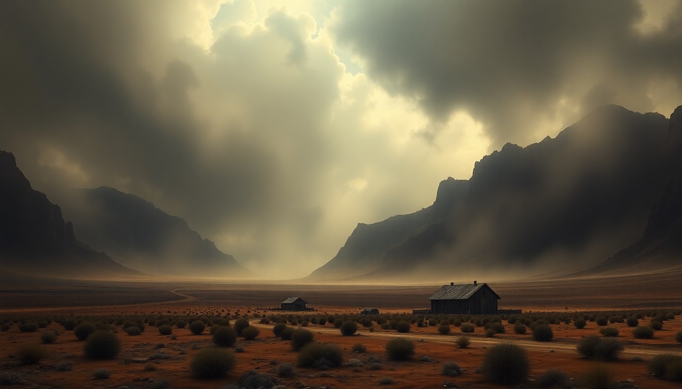 A vast, atmospheric landscape painting depicting a remote Nevada desert scene shrouded in an ominous haze, conveying the overwhelming scale and power of the natural environment.