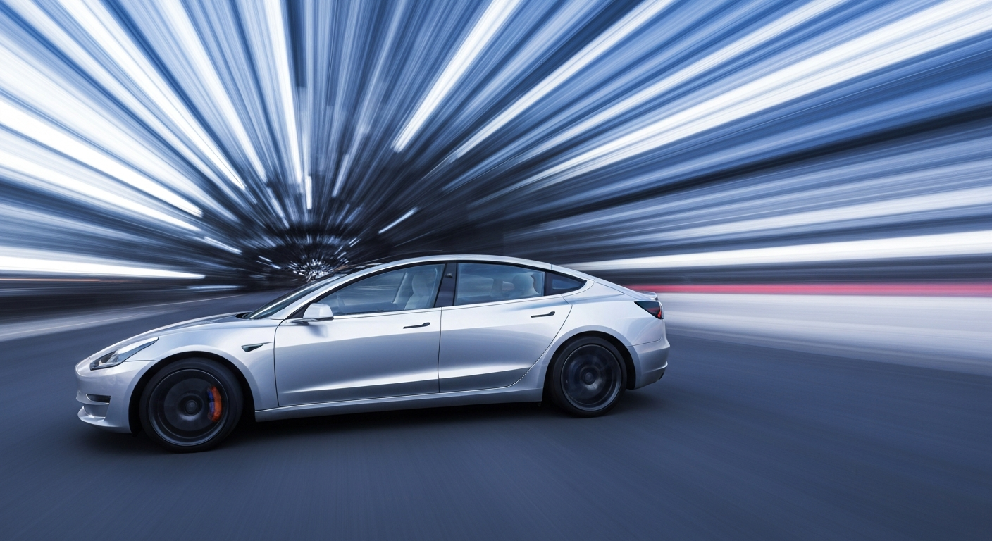 An abstract, sweeping blur of a Tesla electric vehicle in motion, with vibrant streaks of blue, silver, and white conveying a sense of speed and modern engineering.