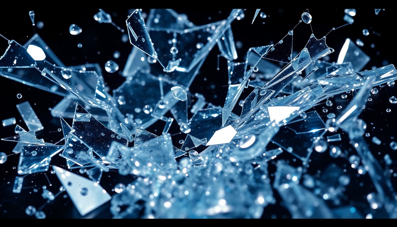 An abstract close-up image featuring shards of broken glass and sparkling sequins, conveying the high-stakes drama and glitz of the soap opera world.