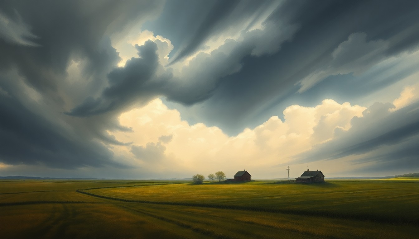 A sweeping, atmospheric landscape painting in muted tones of gray, blue, and green, with a massive, turbulent sky dominating the frame and a small, isolated farmhouse or barn structure dwarfed in the distance, conveying the overwhelming scale and power of Wisconsin's extreme weather conditions.