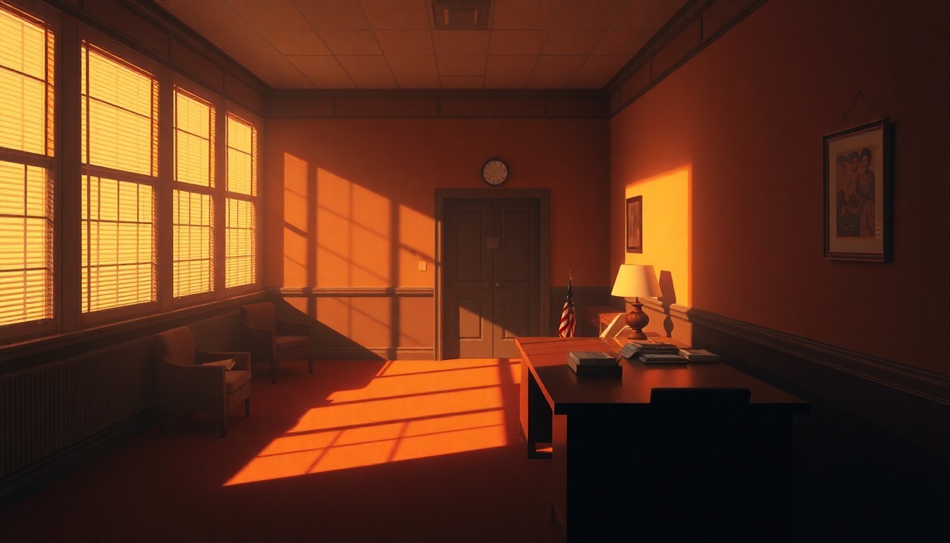 A dimly lit, cinematic painting of an empty political office space, with warm sunlight streaming in through a window and deep shadows cast across the room, conveying a sense of solitude and contemplation.
