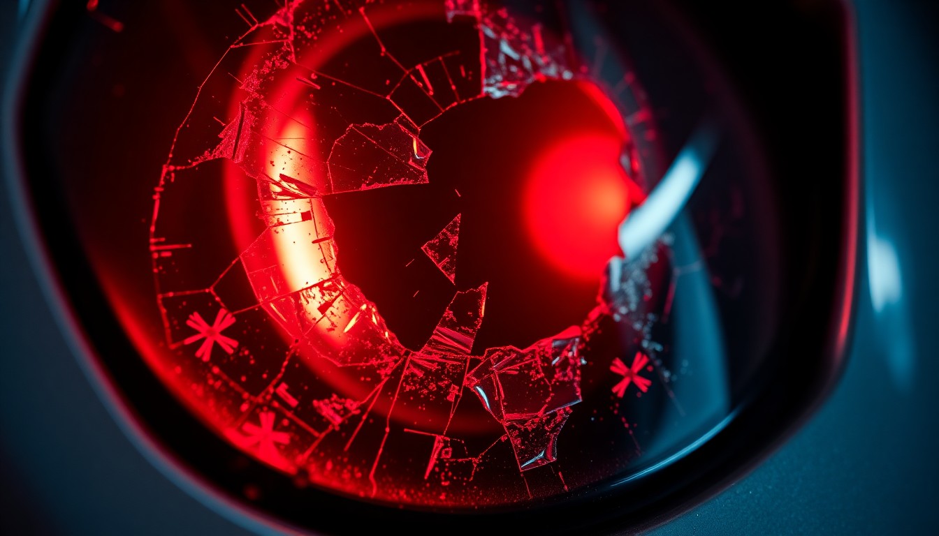 An extreme close-up of a shattered car sensor lens reflecting a faint red light, conceptually illustrating the vandalism of self-driving cars.