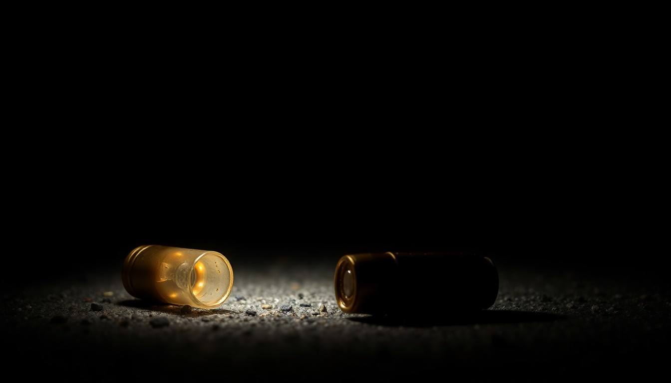 An extreme close-up photograph of a spent bullet casing on the ground, lit by a harsh, direct camera flash against a pitch-black background, conceptually representing the investigative nature of this crime story without depicting any actual violence.