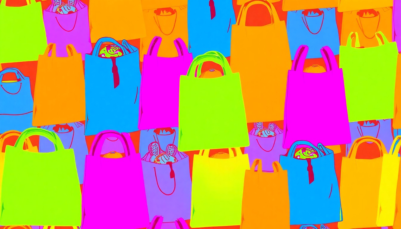 A highly stylized, abstract grid of brightly colored, silkscreened images of various organic produce items, conceptually representing the diverse offerings and community spirit of a local natural foods cooperative.