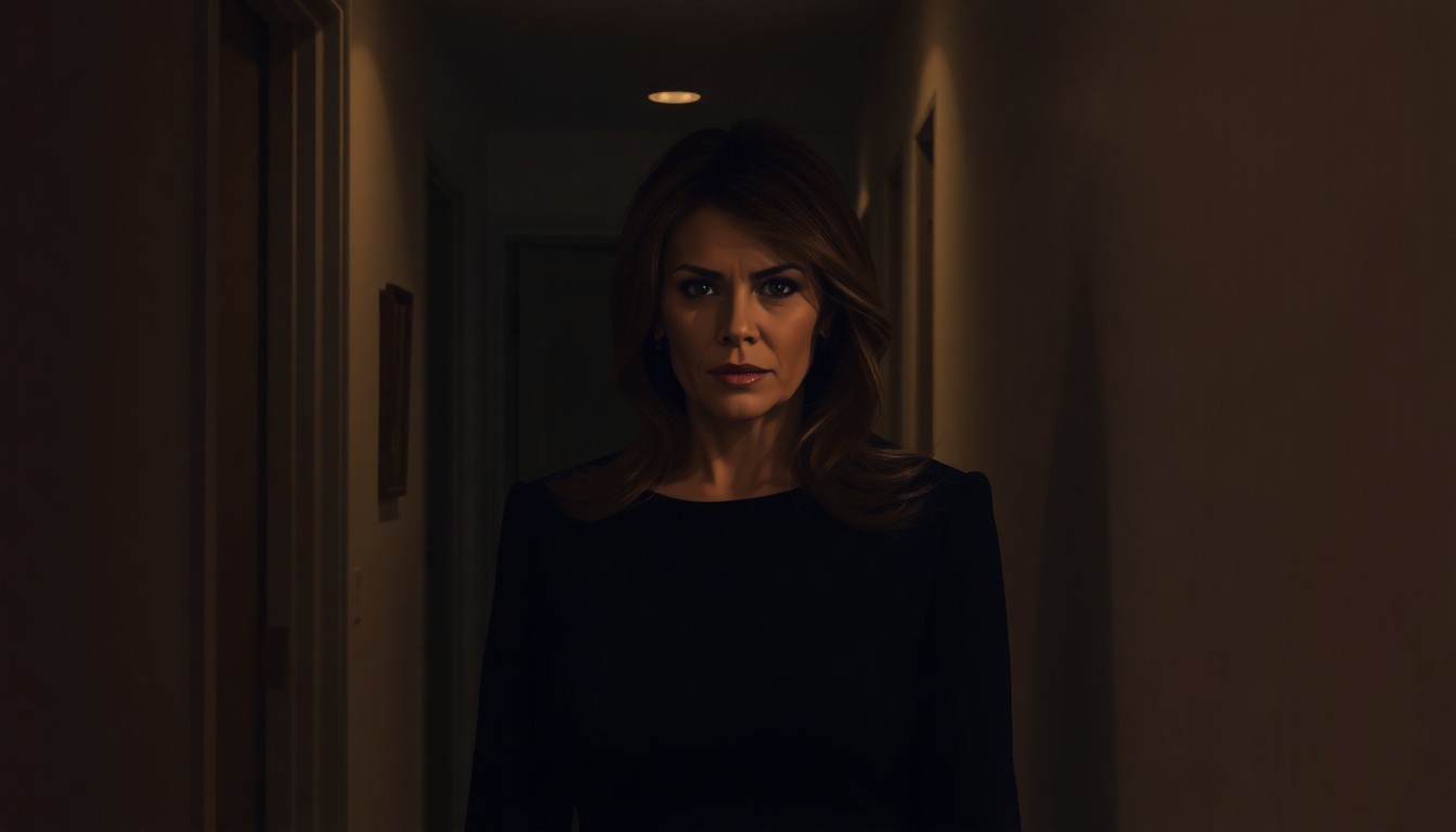 A cinematic painting of Melania Trump standing alone in a dimly lit White House hallway, her face partially obscured by shadows, conveying a sense of solitude and unease.