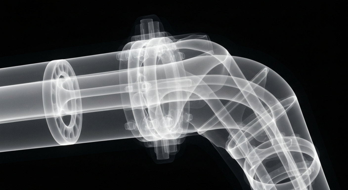 A ghostly, translucent X-ray photograph revealing the intricate internal structures of a wastewater treatment plant component, conceptually representing the hidden impacts of wastewater pollution.