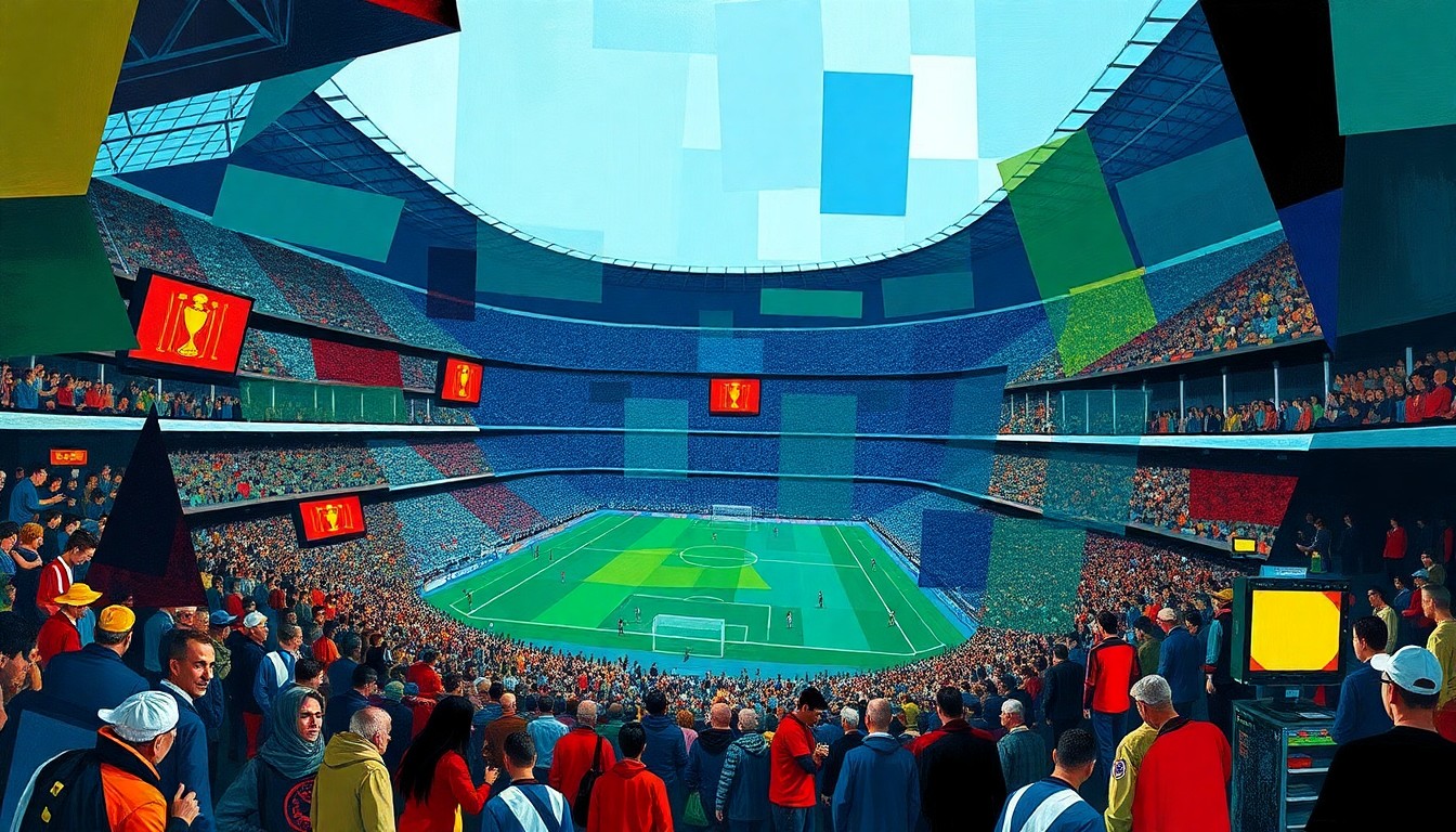 A cubist, geometric painting depicting the chaotic scene of a World Cup stadium, with fragmented shapes and planes of color representing the various elements of the ticketing process and fan experience.