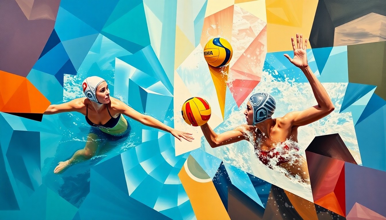 A fractured, multi-perspective painting breaking down a women's water polo match into sharp, overlapping geometric planes of color, capturing the dynamic movements and competitive energy of the game.