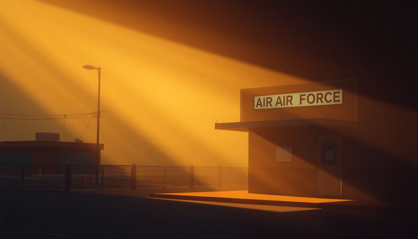 A serene, cinematic painting depicting the interior of an Air Force recruitment office, with warm natural light streaming in through the windows and casting deep shadows across the empty space, conveying a sense of quiet contemplation about the future of military service.