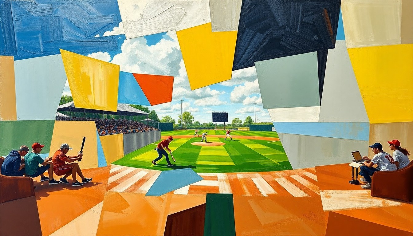 A fragmented, geometric painting depicting the dynamic movements and competitive spirit of a high school softball or baseball game.