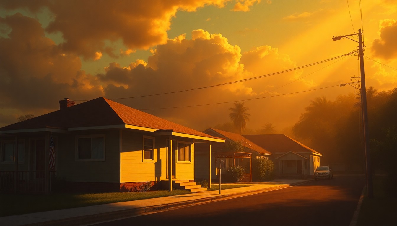 A serene, photorealistic painting of a Hawaiian residential street with a single home in the foreground, the structure bathed in warm, golden sunlight with deep shadows cast across the scene, conveying a sense of quiet contemplation and the emotional toll of climate change on local communities.