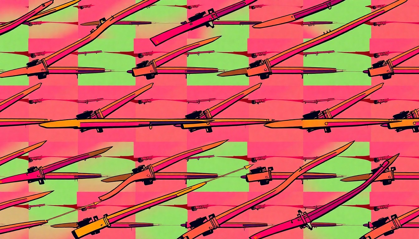A bold, graphic illustration featuring a repeating pattern of a traditional Japanese longbow in a vibrant, neon color palette, conceptually representing the community debate over the proposed archery range in Kaimuki's Mau'umae Nature Park.