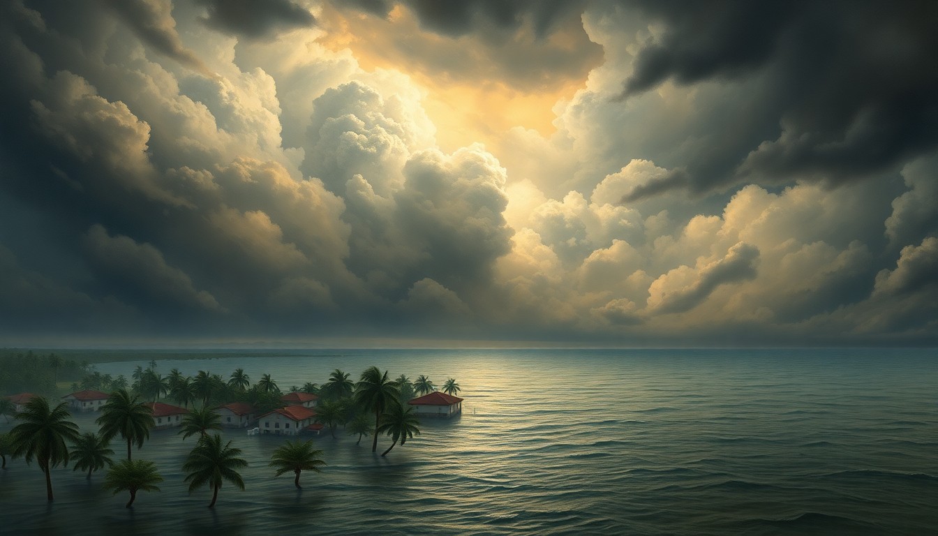 A vast, atmospheric landscape painting in muted blues, grays, and greens, depicting a stormy, turbulent sky over a flooded coastal town, with only the tops of buildings and palm trees visible above the rising waters, conveying the overwhelming power of the natural disaster.