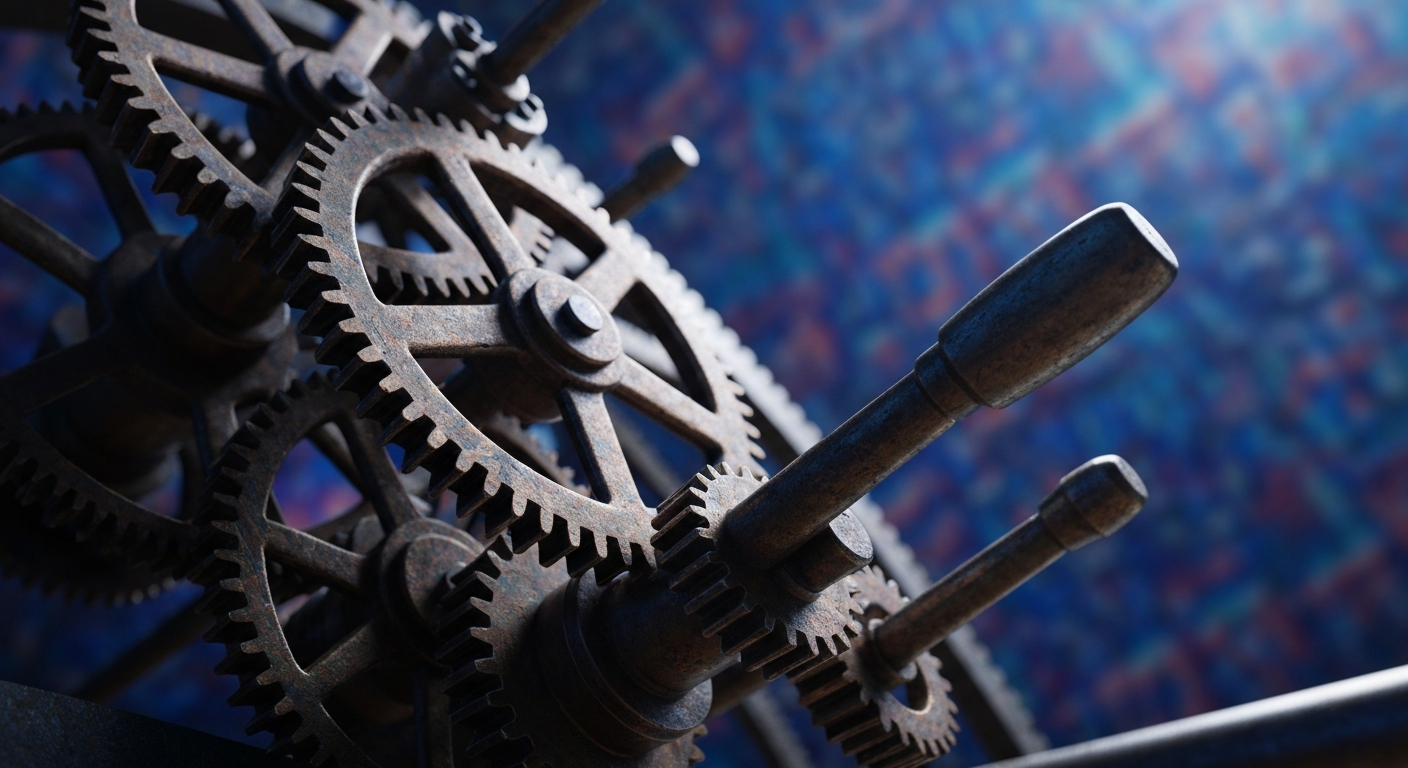 An extreme close-up of heavy, industrial banking mechanics and objects in a cinematic, high-contrast style, representing the tangible financial systems and infrastructure that underpin global markets.