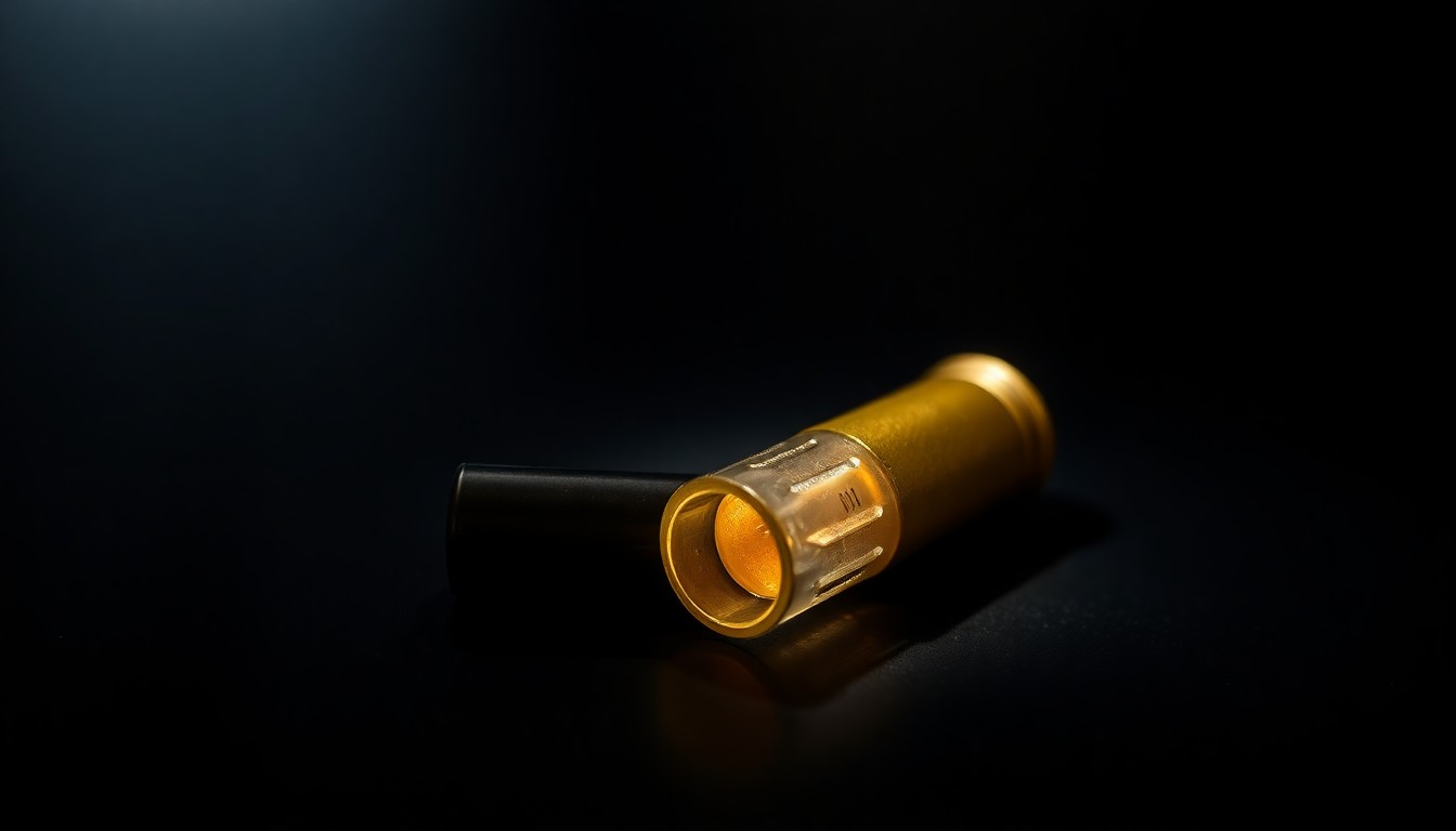 An extreme close-up photograph of a single bullet casing lying on a dark surface, conceptually illustrating the aftermath of an accidental shooting incident.