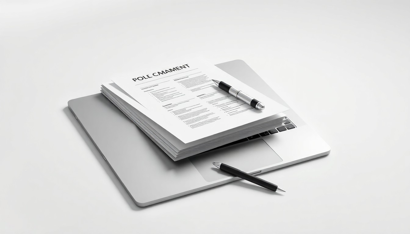 A photorealistic studio still life featuring a stack of financial documents, a laptop, and a pen arranged on a clean, white background, symbolizing the increasing focus on compliance and regulatory expertise in the fintech industry.