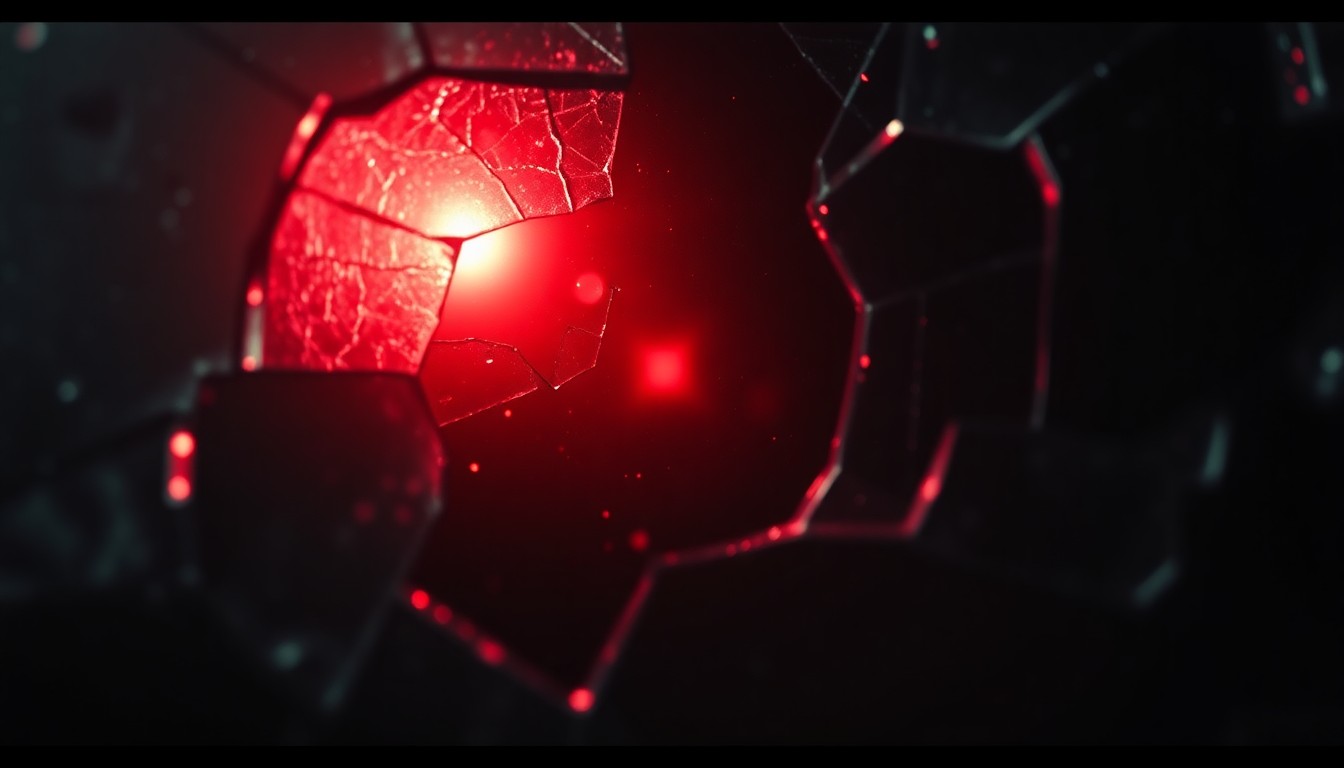 An abstract close-up photograph of a shattered glass lens reflecting a faint red light, conveying the sense of dread and danger associated with the Resident Evil video game series.