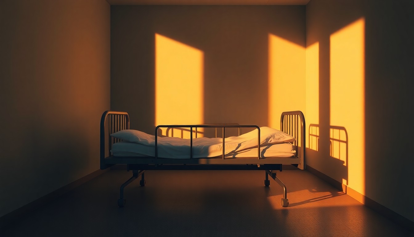 A dimly lit, cinematic painting of an empty hospital bed, its sheets and pillows casting long shadows across the floor, conveying a sense of isolation and vulnerability.