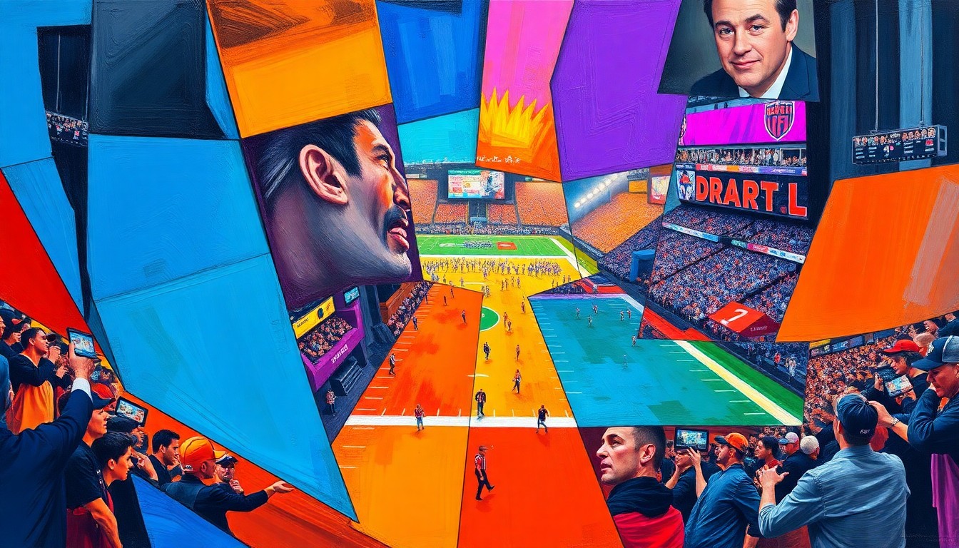 A cubist, geometric painting depicting a fragmented football game or draft event, with sharp, overlapping planes of color creating a dynamic, abstract composition.