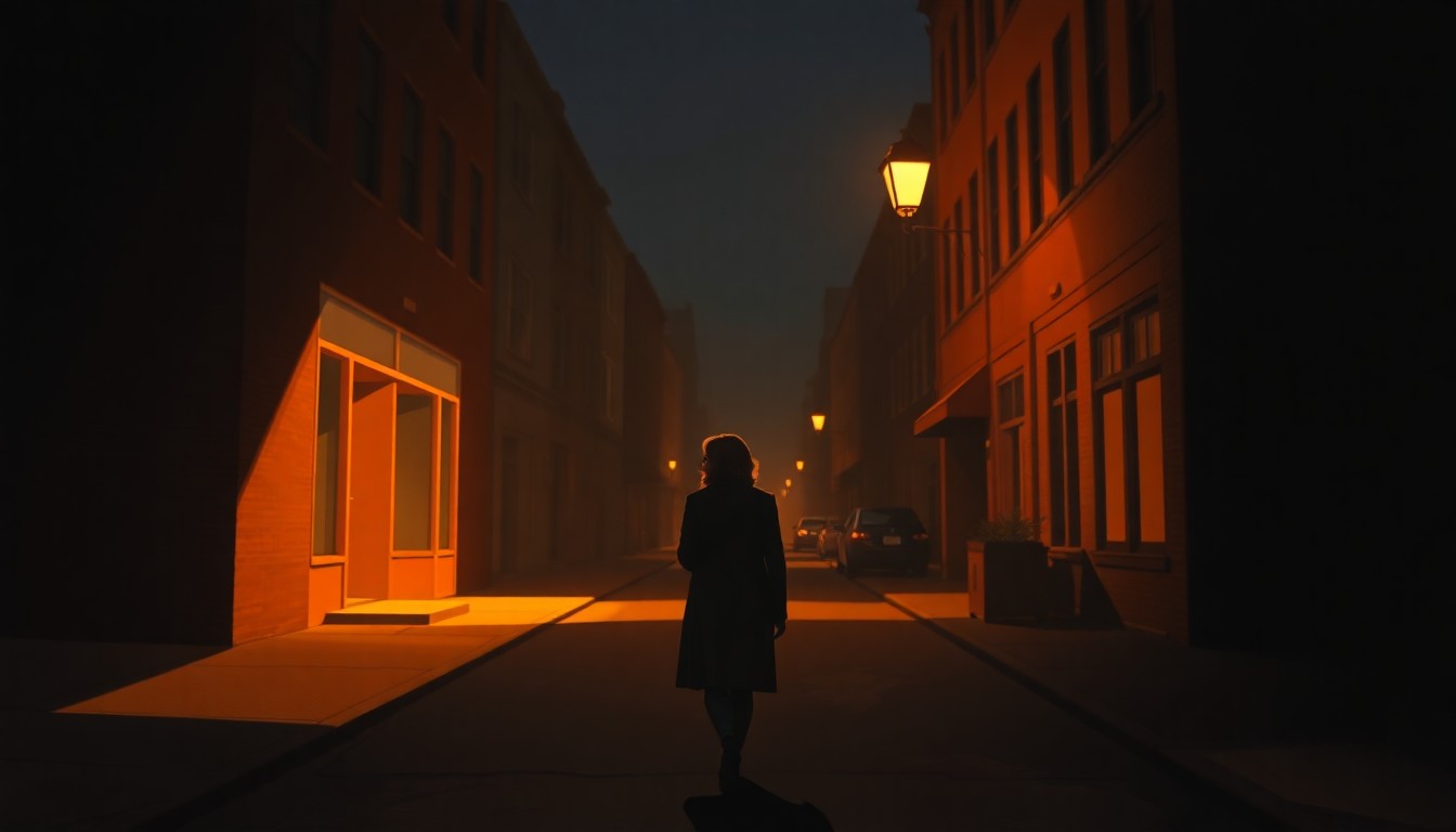 A cinematic painting of a solitary figure in a dark suit walking down a city street, with warm diagonal sunlight and deep shadows creating a contemplative, nostalgic mood.