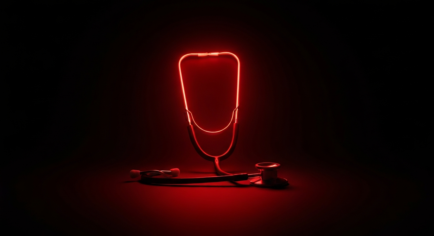A minimalist design in the style of Keith Haring where a stethoscope is defined entirely by vibrant neon lines against a dark background, emphasizing the shape and energy of the medical instrument.