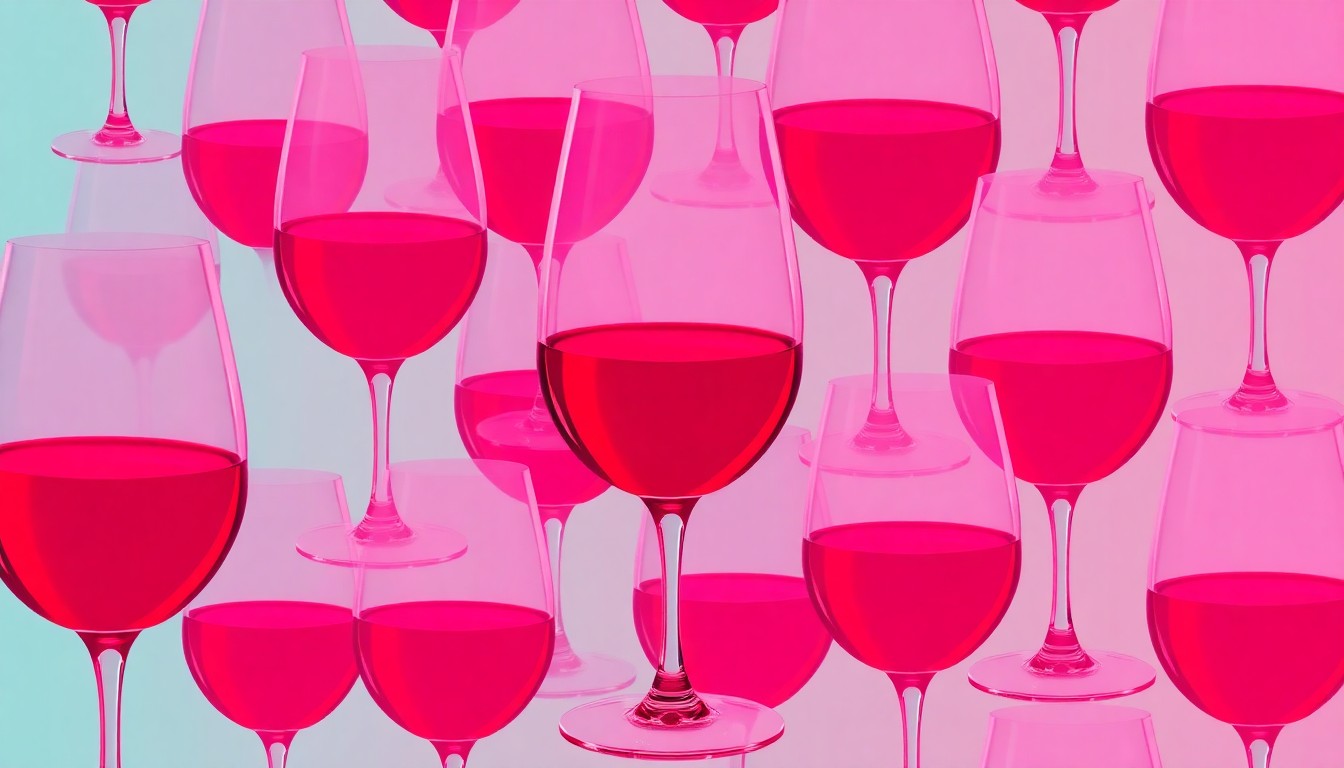 A vibrant, high-contrast silkscreen print featuring a repeated pattern of a wine glass filled with deep red wine, capturing the essence of Rhonemus Cellars' focus on fine wine and elevated cuisine.