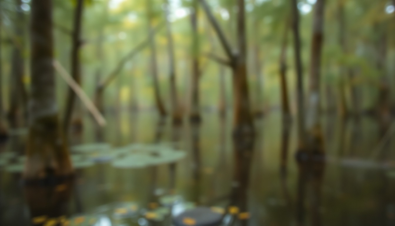 An abstract, out-of-focus photograph featuring soft, blurred pools of warm green, brown, and blue colors, conceptually representing the serene natural landscapes surrounding Wilmington, North Carolina.