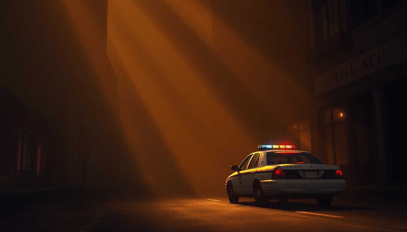 A serene, cinematic painting of a lone police car parked on a shadowy city street, with warm sunlight casting dramatic diagonal shadows across the scene, conveying a sense of quiet contemplation about the city's search for new police leadership.