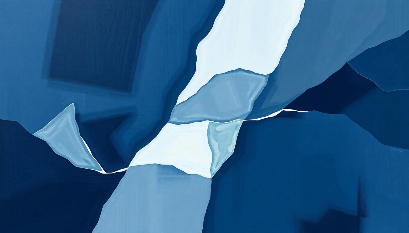 An abstract, fragmented painting in shades of blue and grey, with overlapping geometric shapes and patterns, conveying a sense of disruption and chaos.