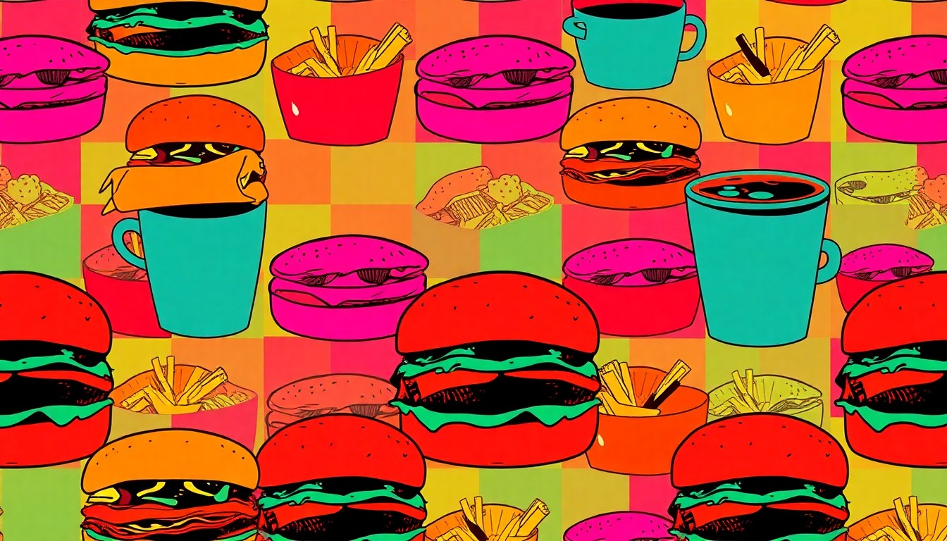 A high-contrast silkscreen print featuring a repeated image of a local food item like a burger or coffee cup, rendered in a bold, neon color palette that captures the energy and creativity of a community food hall.